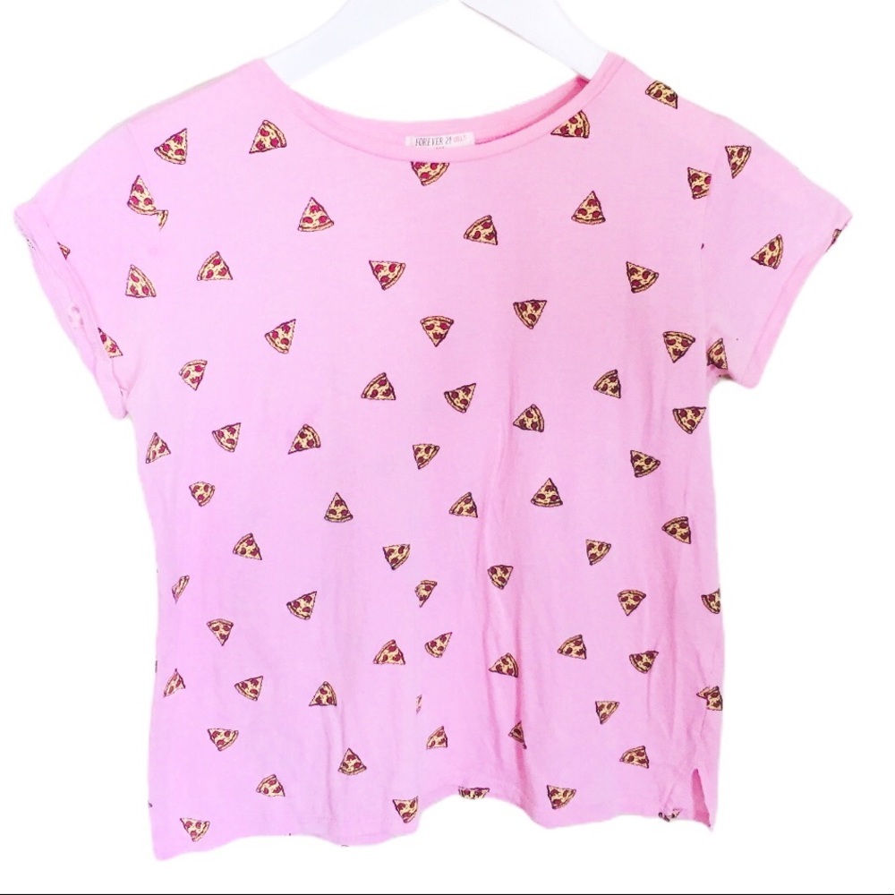FOREVER 21 Girls Tee/Top With Pizza Print & Cap Sleeves Pink Size 14Y